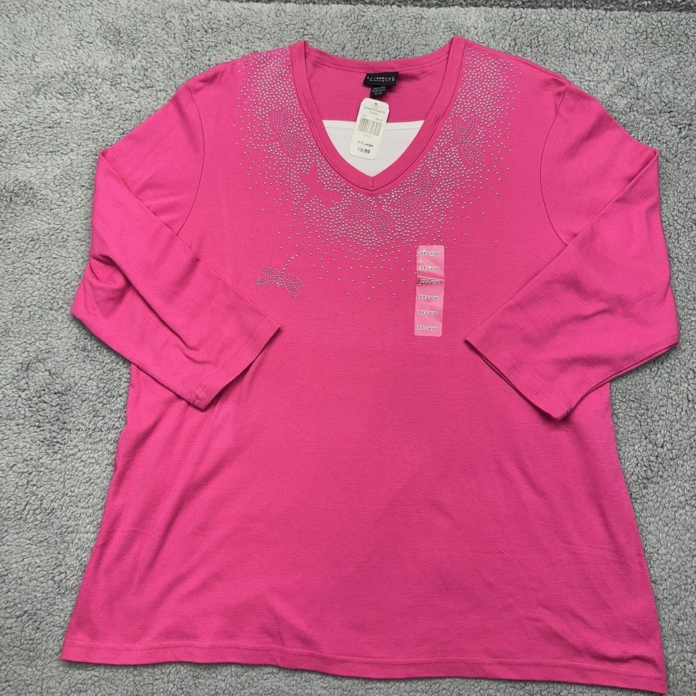 NWT Trilllogy Womans XXL Sg Dragonfly Escape 2fer Fuschia VNeck 3/4 Sleeve Shirt